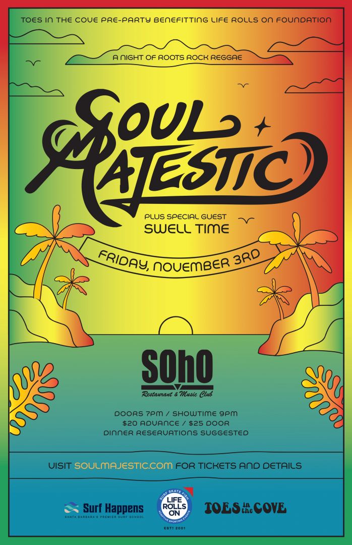 A Night of Roots Rock Reggae- Toes In The Cove Pre-Party Benefiting Life Rolls On Foundation with SOUL MAJESTIC Plus special guest SwellTime